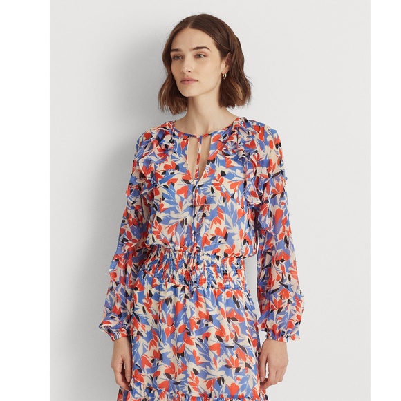 Lauren Ralph Lauren: Floral Crinkled Georgette Dress Save to Wishlist (NWT) - Picture 2 of 7